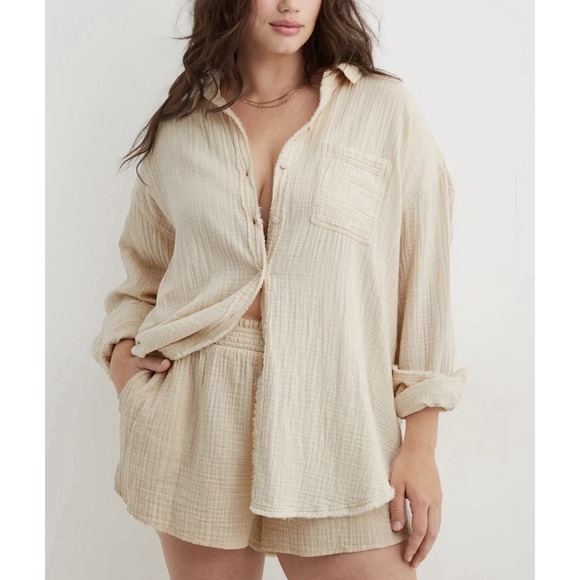aerie Other - Aerie Pool To Party Cotton Gauze Cover Up Shirt Frayed Boho Beach Oversized XL